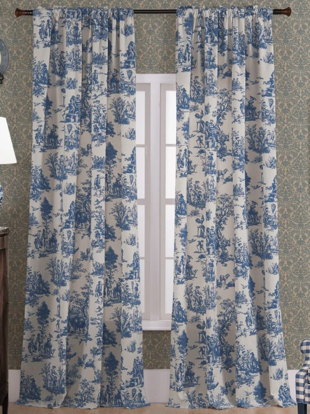 Blue Toile Window Curtains Drapes for Living Room 84 Inch Length 2 Panels Set